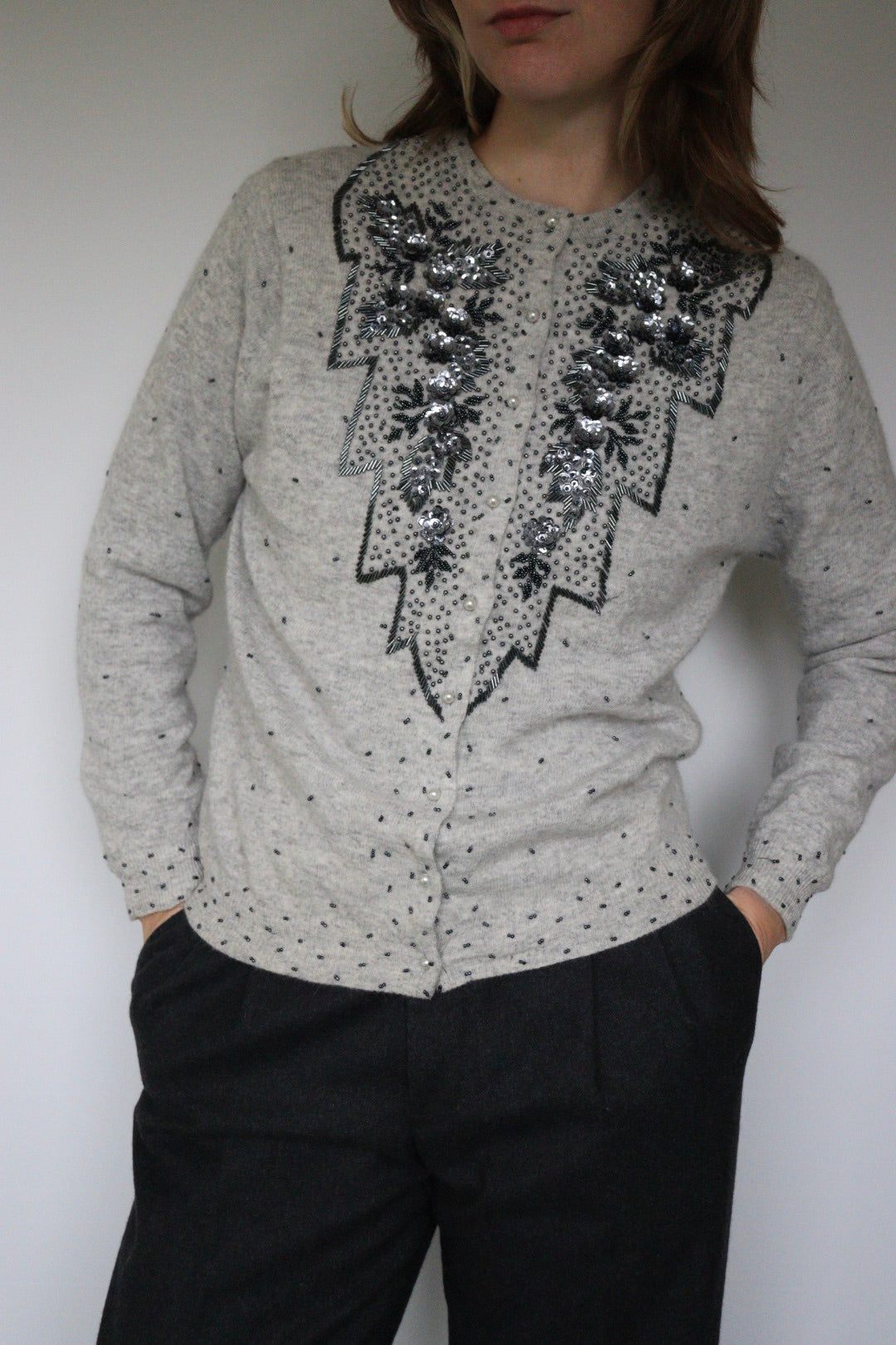 The Grey Flower - beaded cardigan - S up to M/L