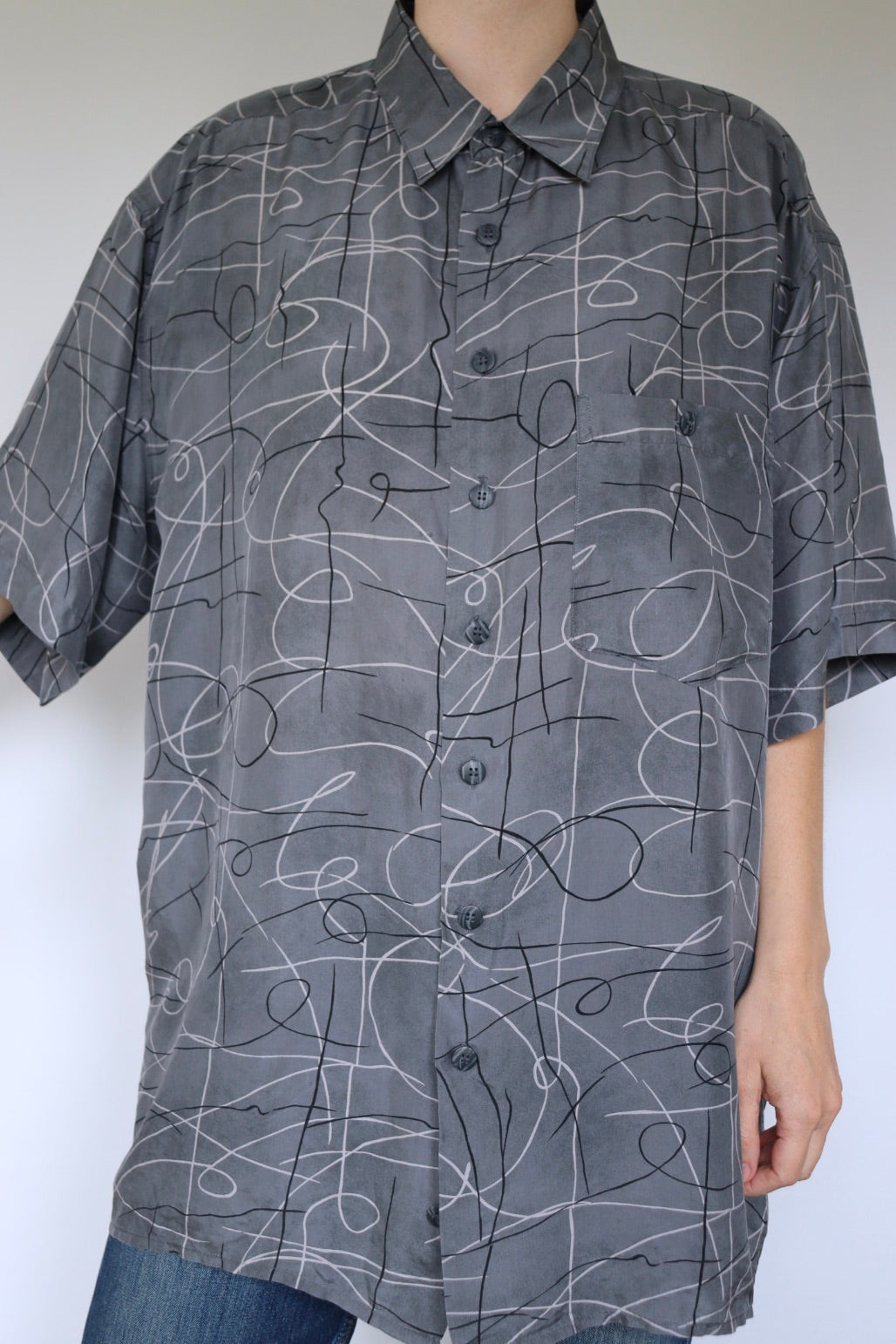 The Grey Silk - vintage silk short sleeve blouse - S up to XL
