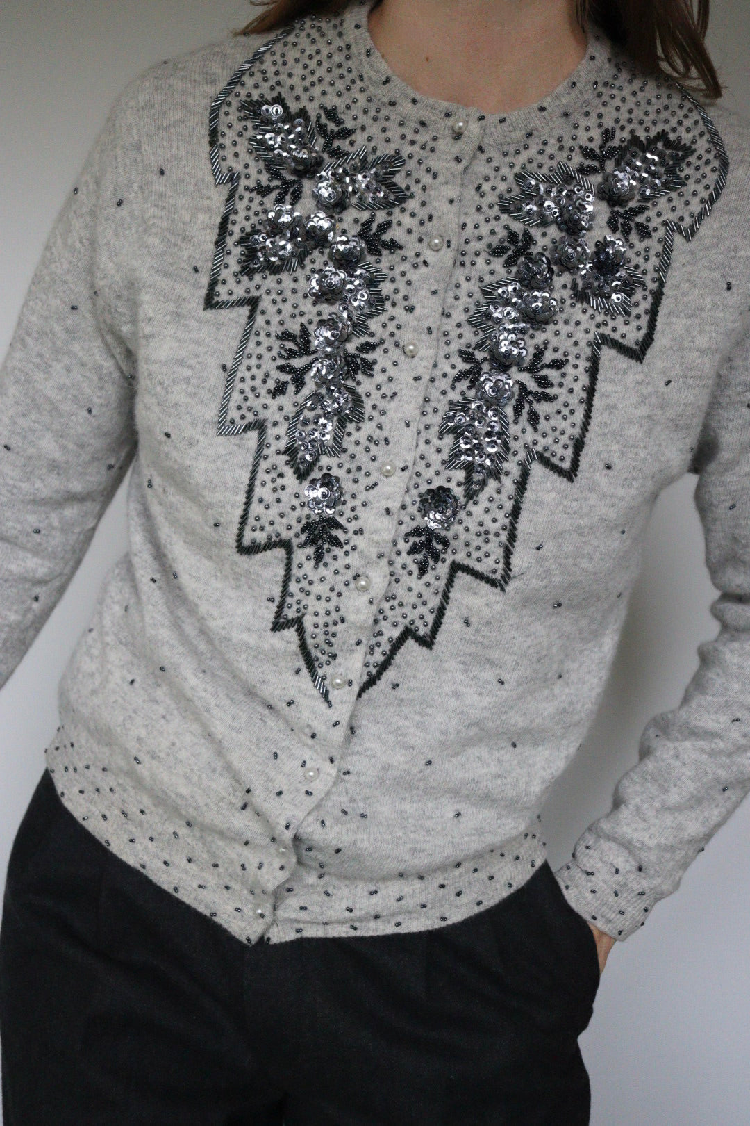 The Grey Flower - beaded cardigan - S up to M/L
