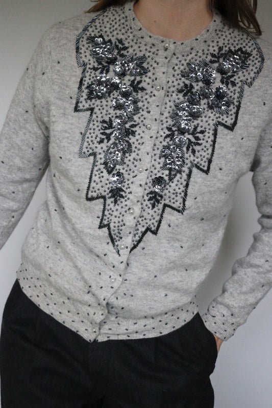 The Grey Flower - beaded cardigan - S up to M/L