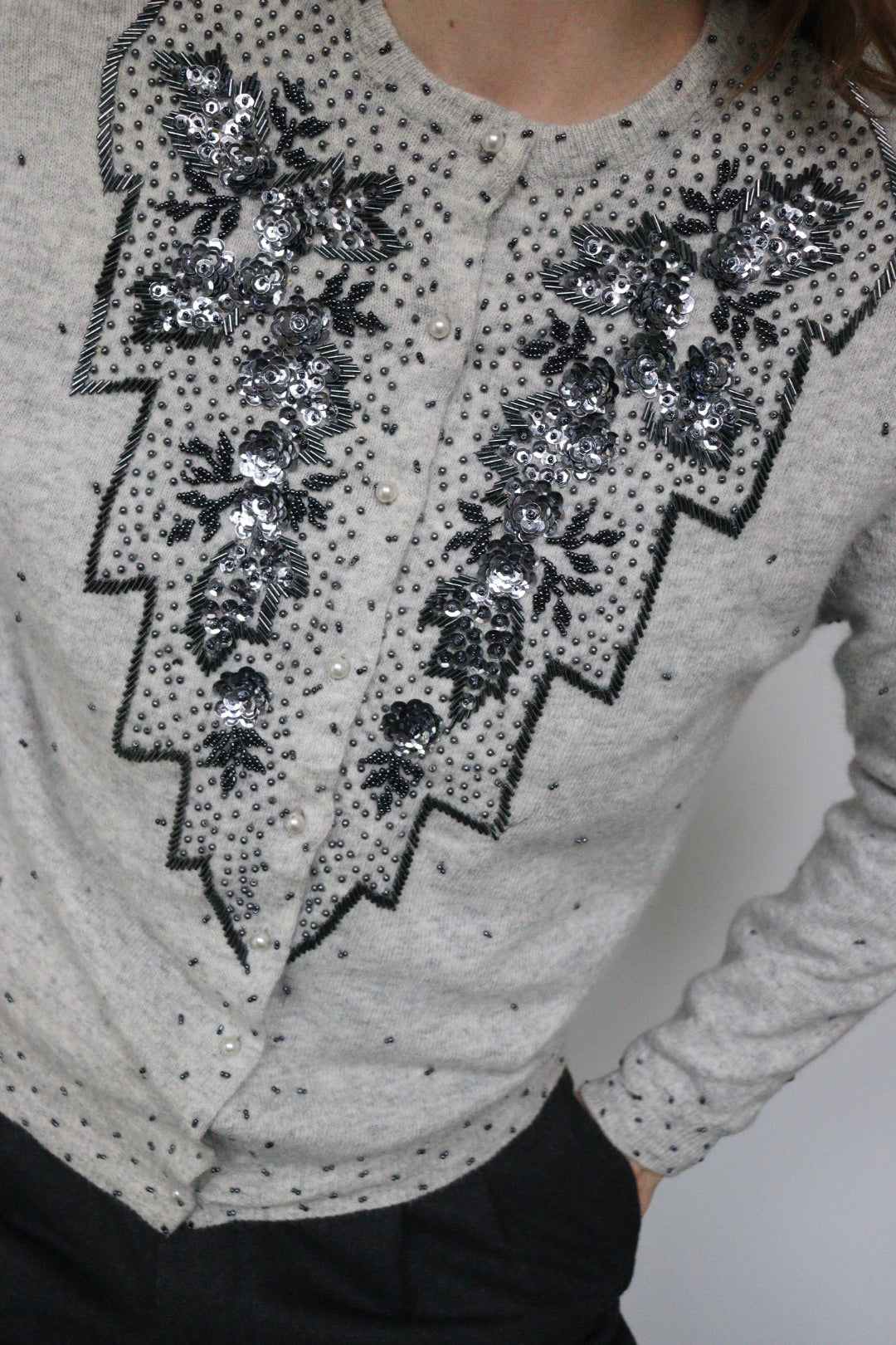 The Grey Flower - beaded cardigan - S up to M/L