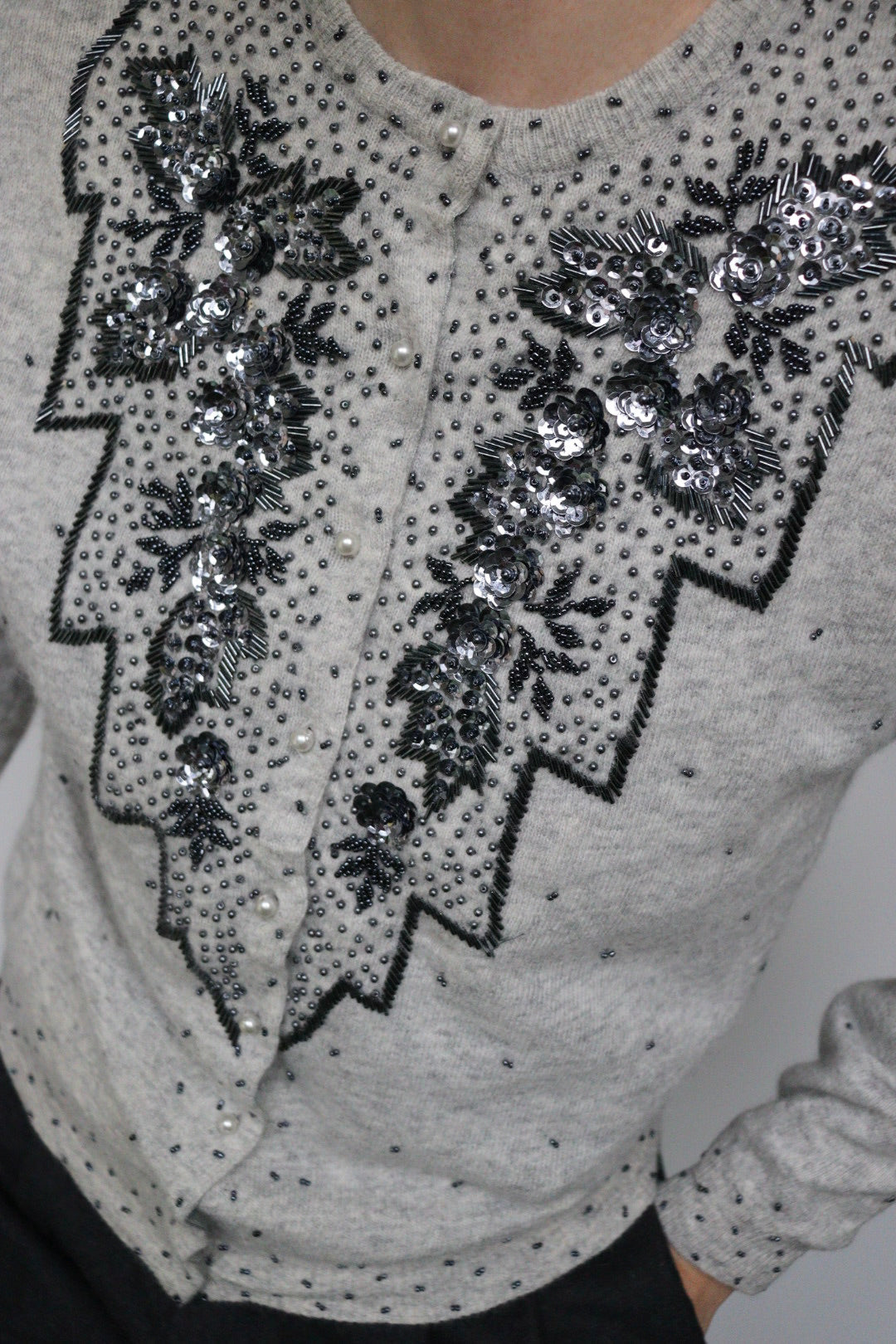The Grey Flower - beaded cardigan - S up to M/L