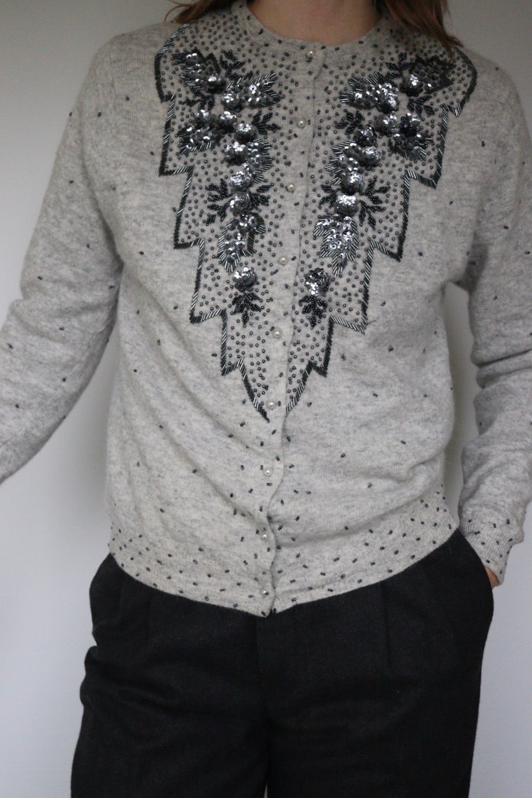 The Grey Flower - beaded cardigan - S up to M/L