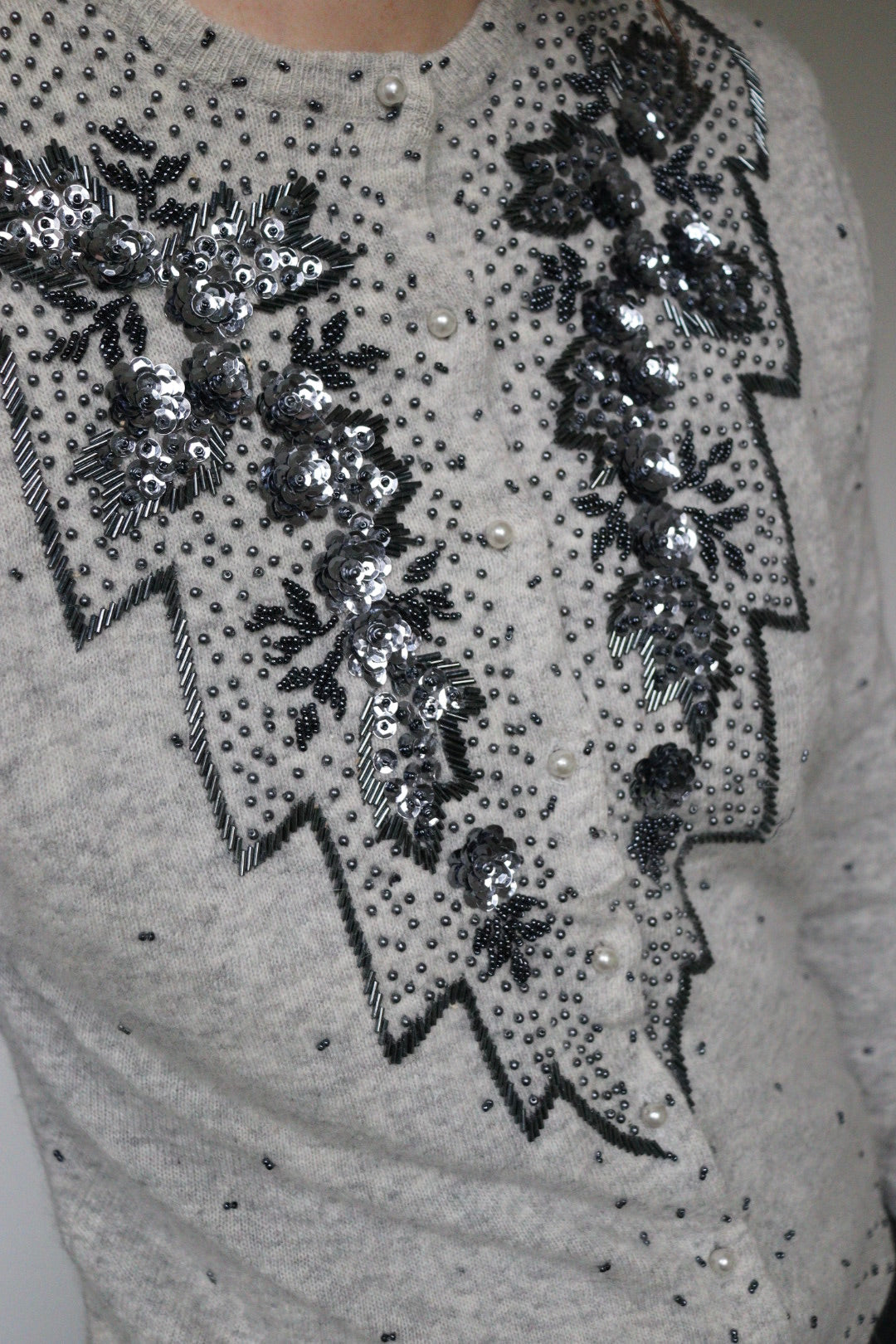 The Grey Flower - beaded cardigan - S up to M/L