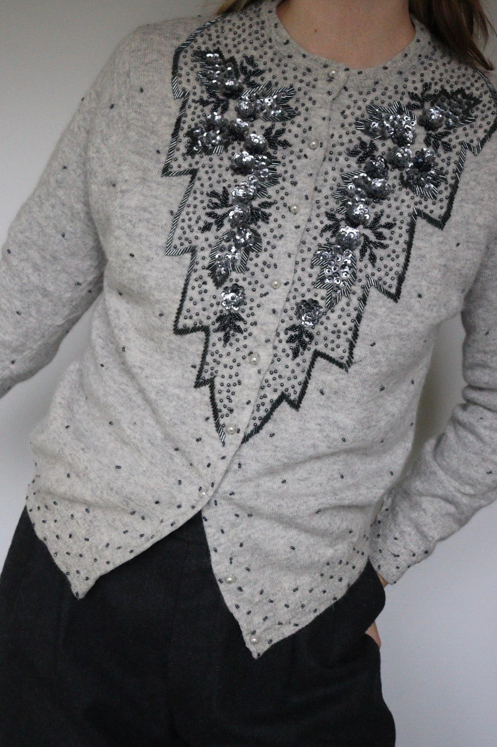 The Grey Flower - beaded cardigan - S up to M/L