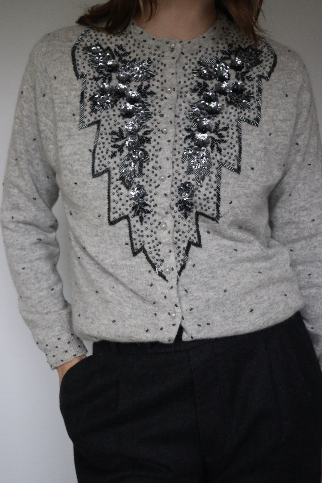 The Grey Flower - beaded cardigan - S up to M/L