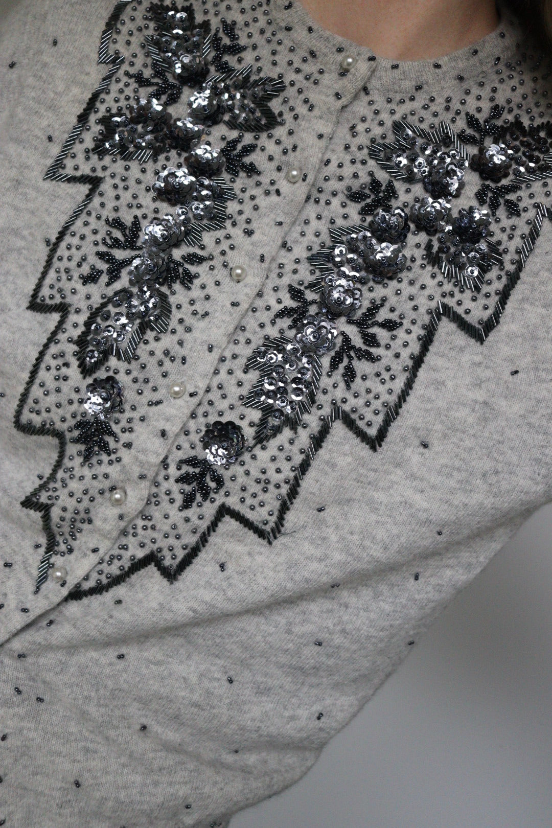 The Grey Flower - beaded cardigan - S up to M/L