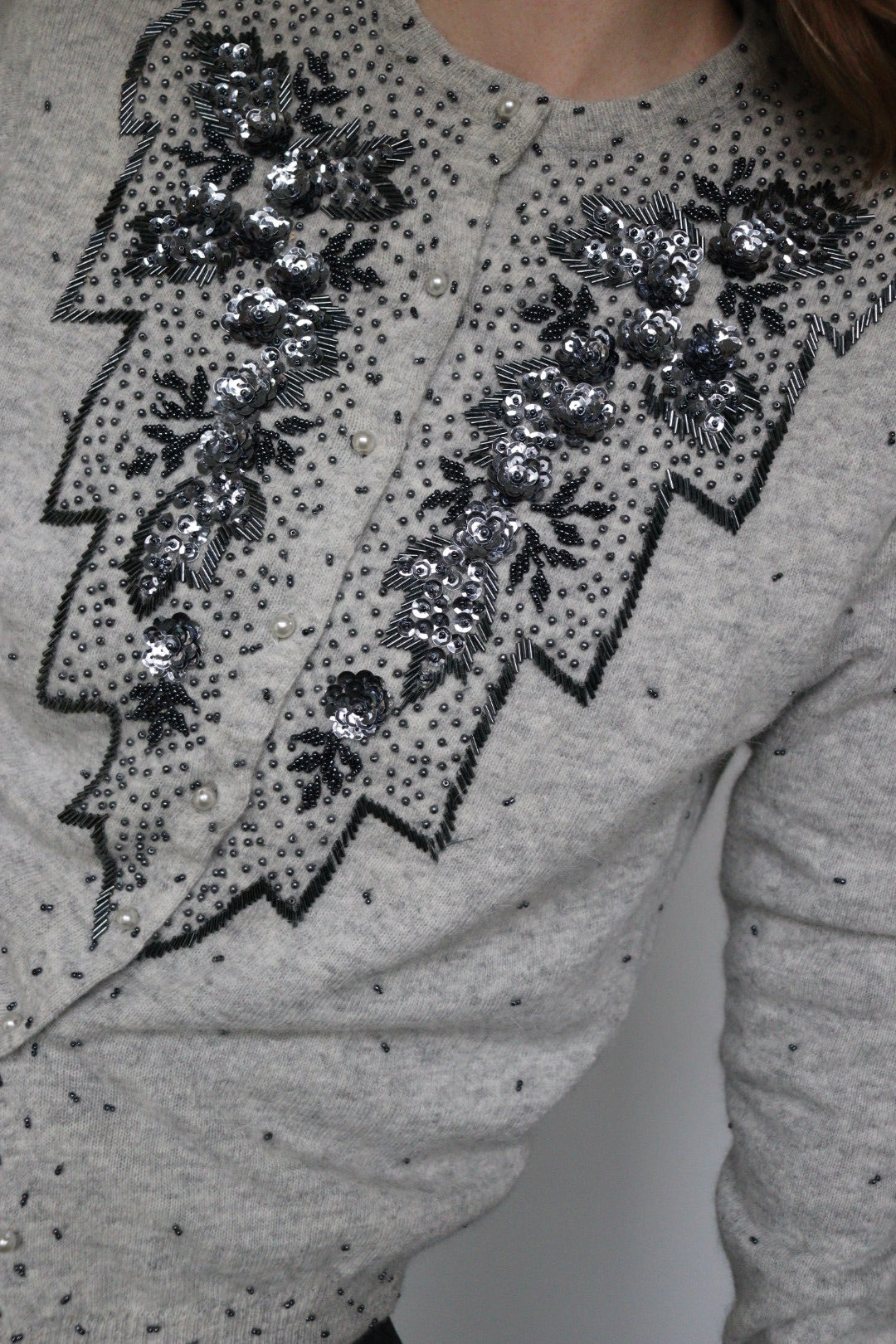 The Grey Flower - beaded cardigan - S up to M/L