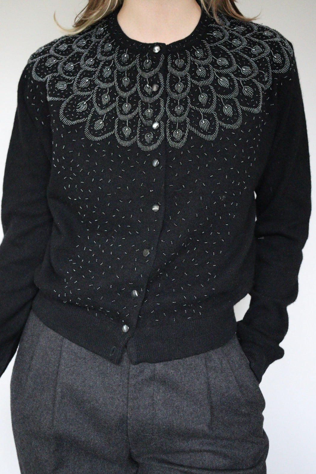 The Beaded Leaves - beaded cardigan - S up to M/L