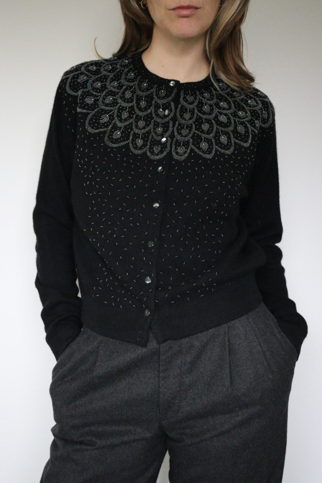 The Beaded Leaves - beaded cardigan - S up to M/L