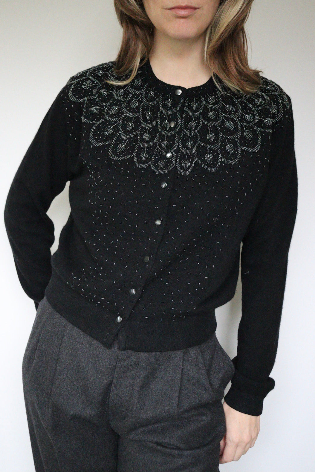 The Beaded Leaves - beaded cardigan - S up to M/L