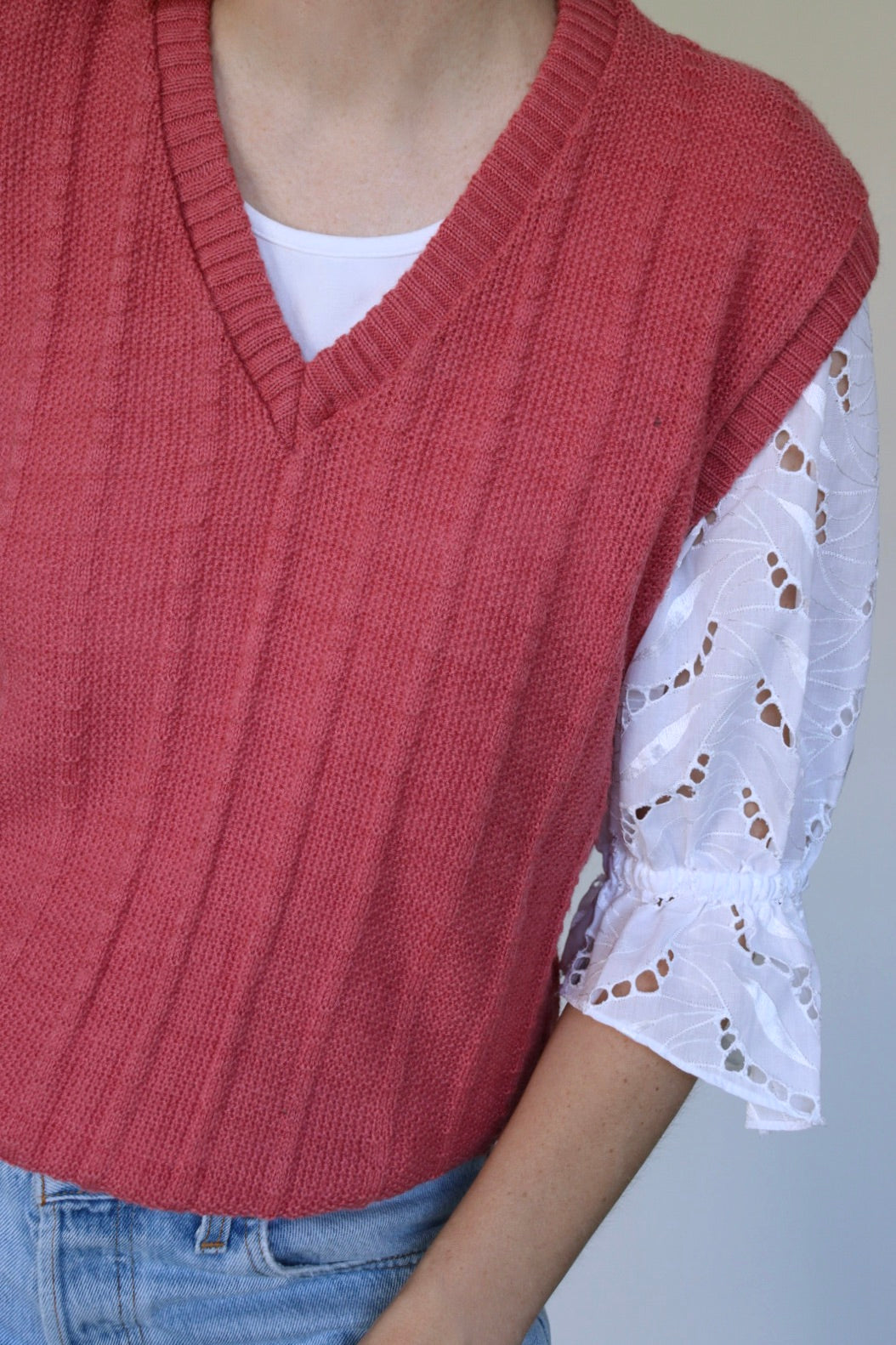 The Pink V-neck - vintage knitted spencer / sweater vest - S up to M