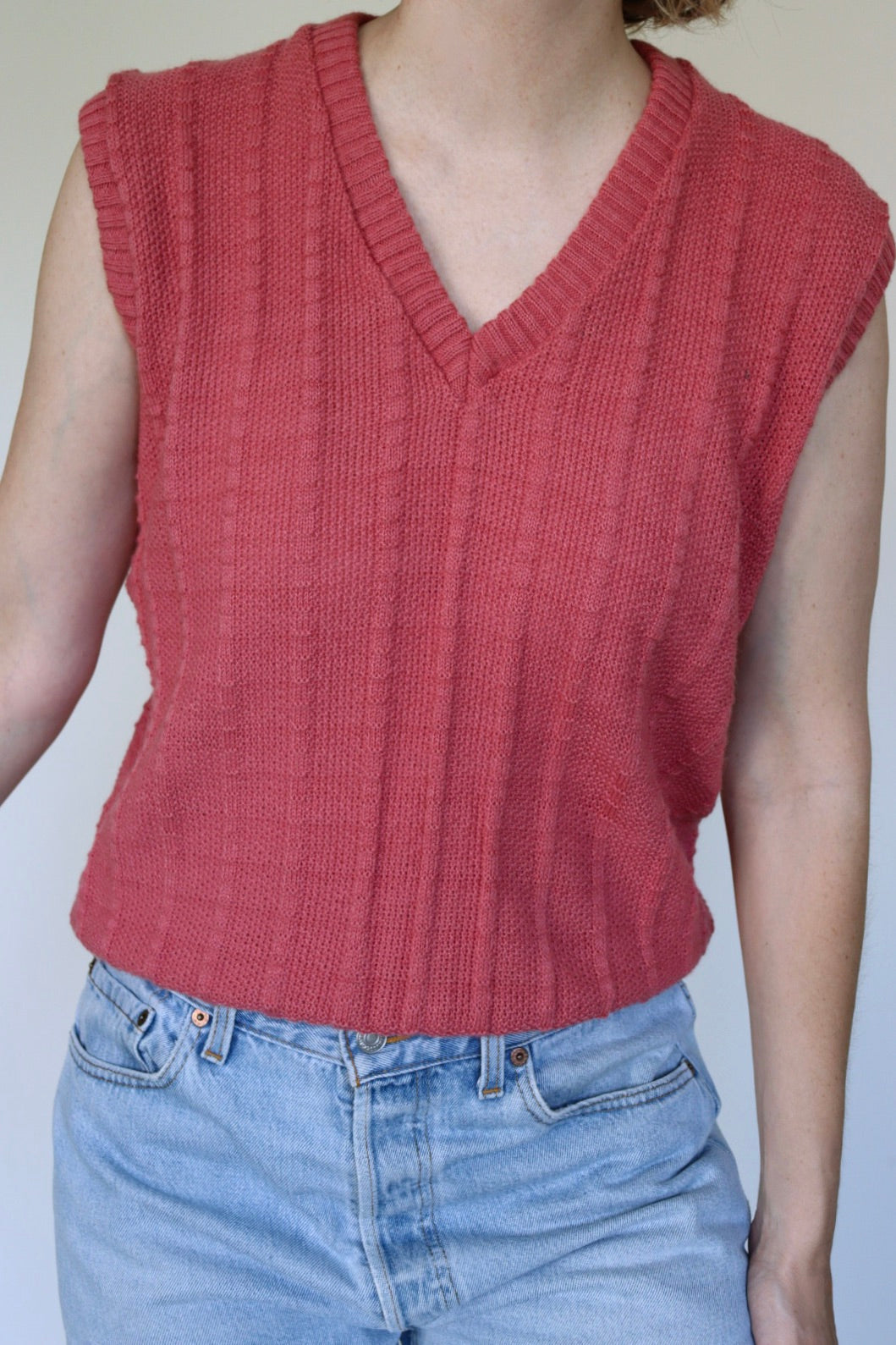 The Pink V-neck - vintage knitted spencer / sweater vest - S up to M