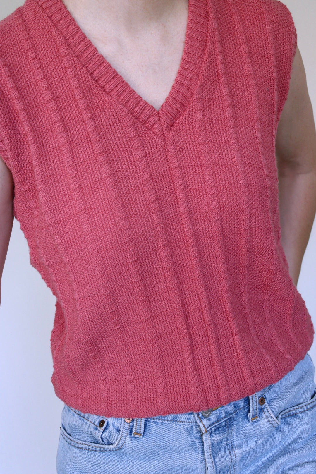 The Pink V-neck - vintage knitted spencer / sweater vest - S up to M
