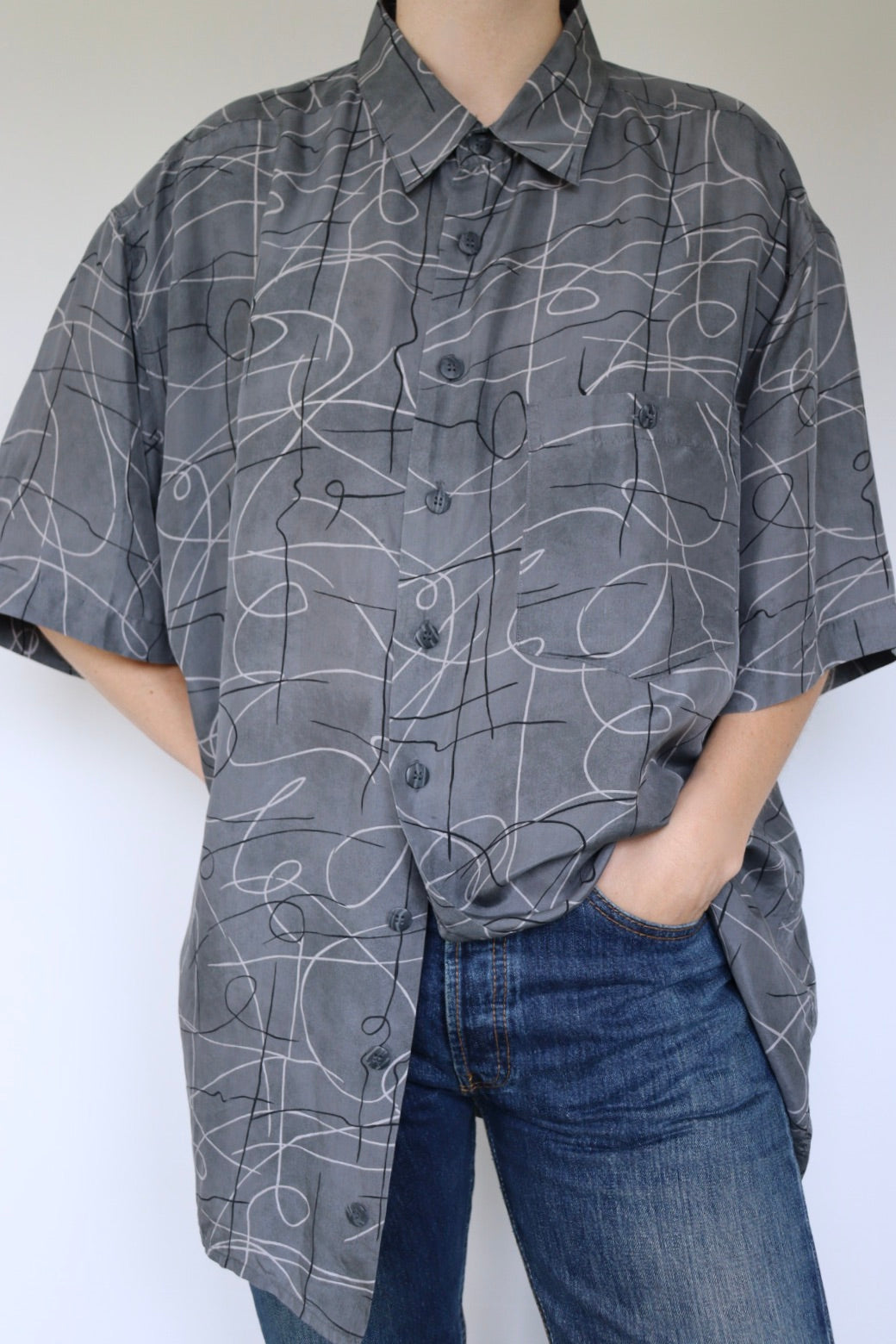 The Grey Silk - vintage silk short sleeve blouse - S up to XL