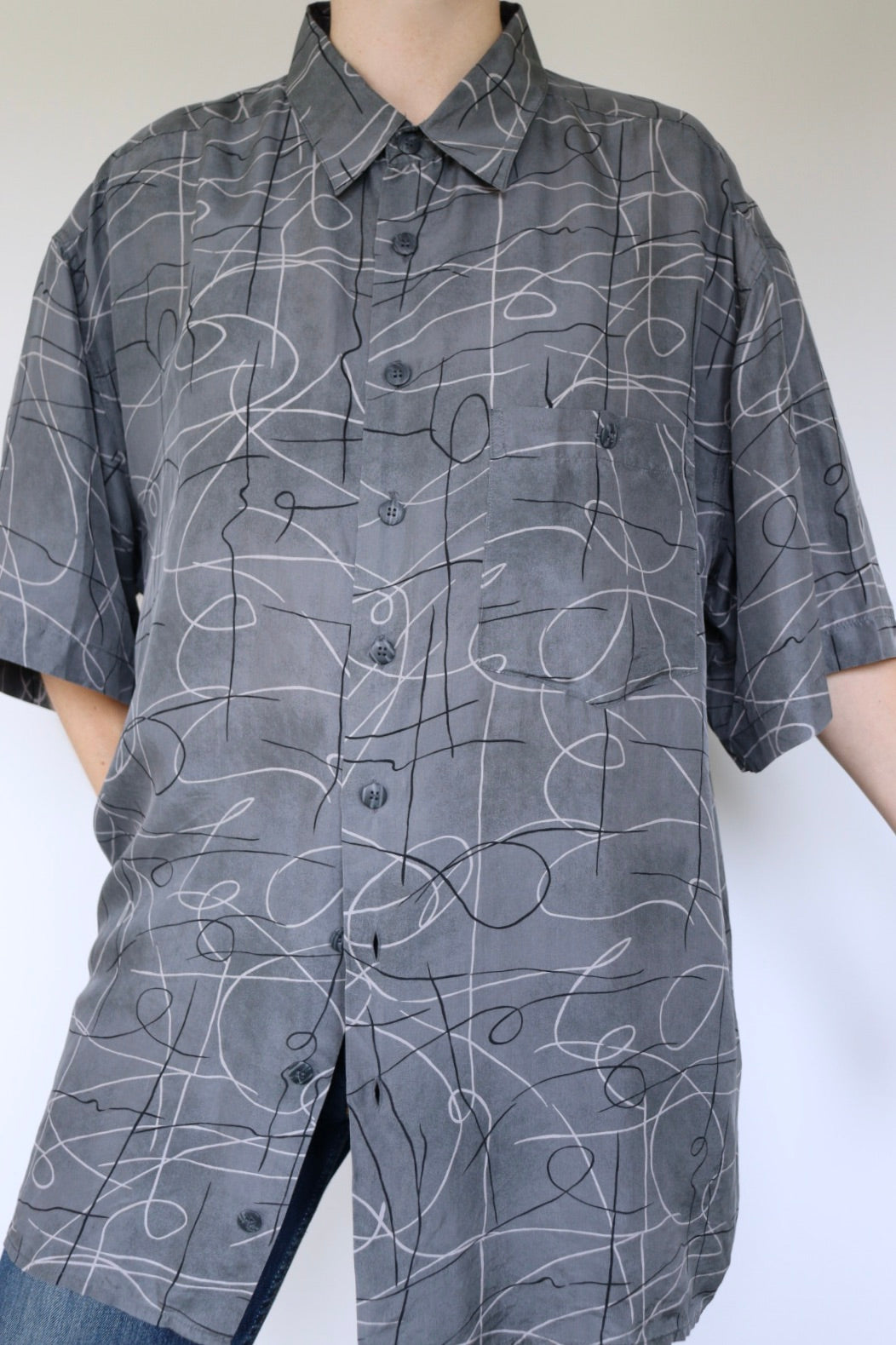 The Grey Silk - vintage silk short sleeve blouse - S up to XL