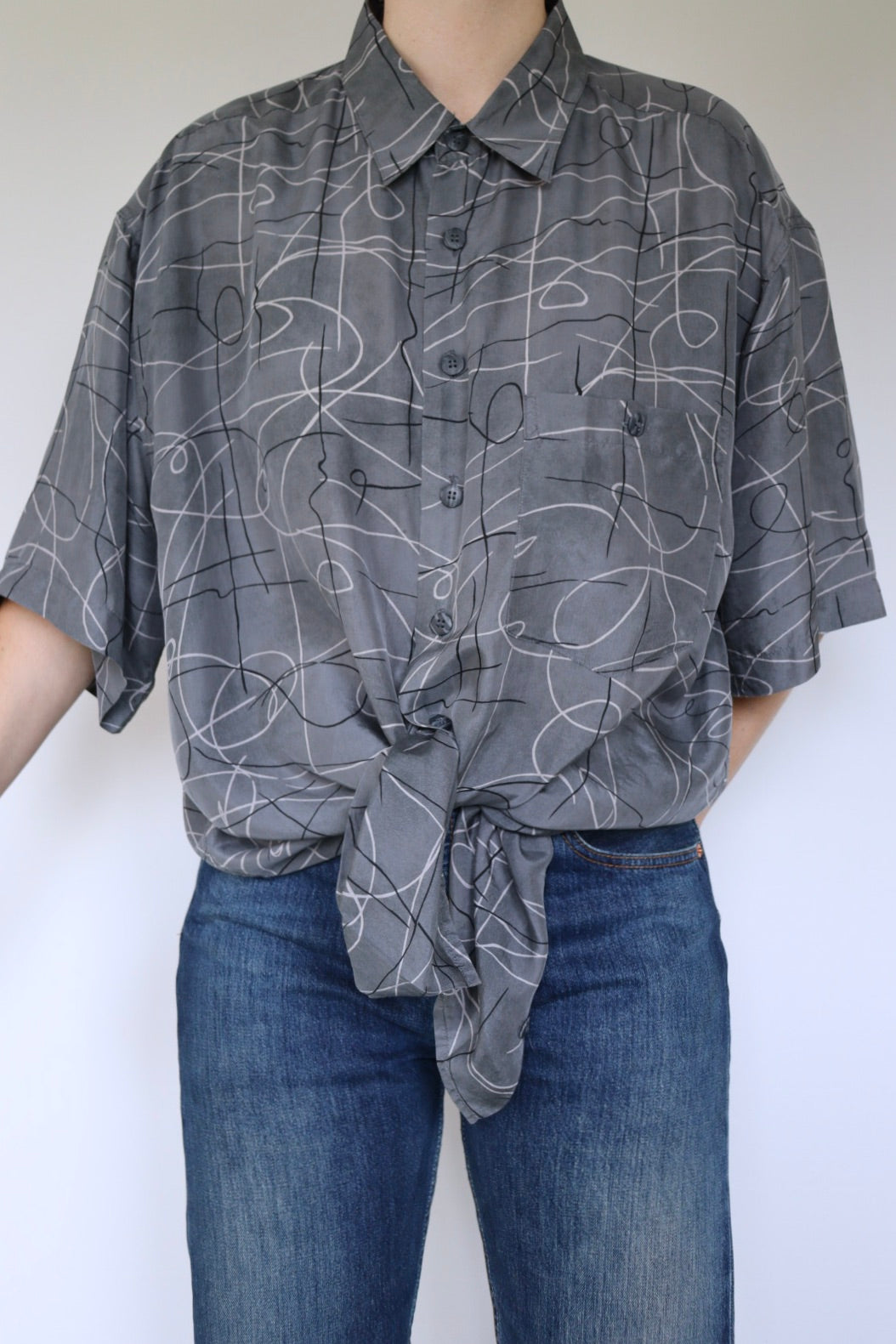 The Grey Silk - vintage silk short sleeve blouse - S up to XL