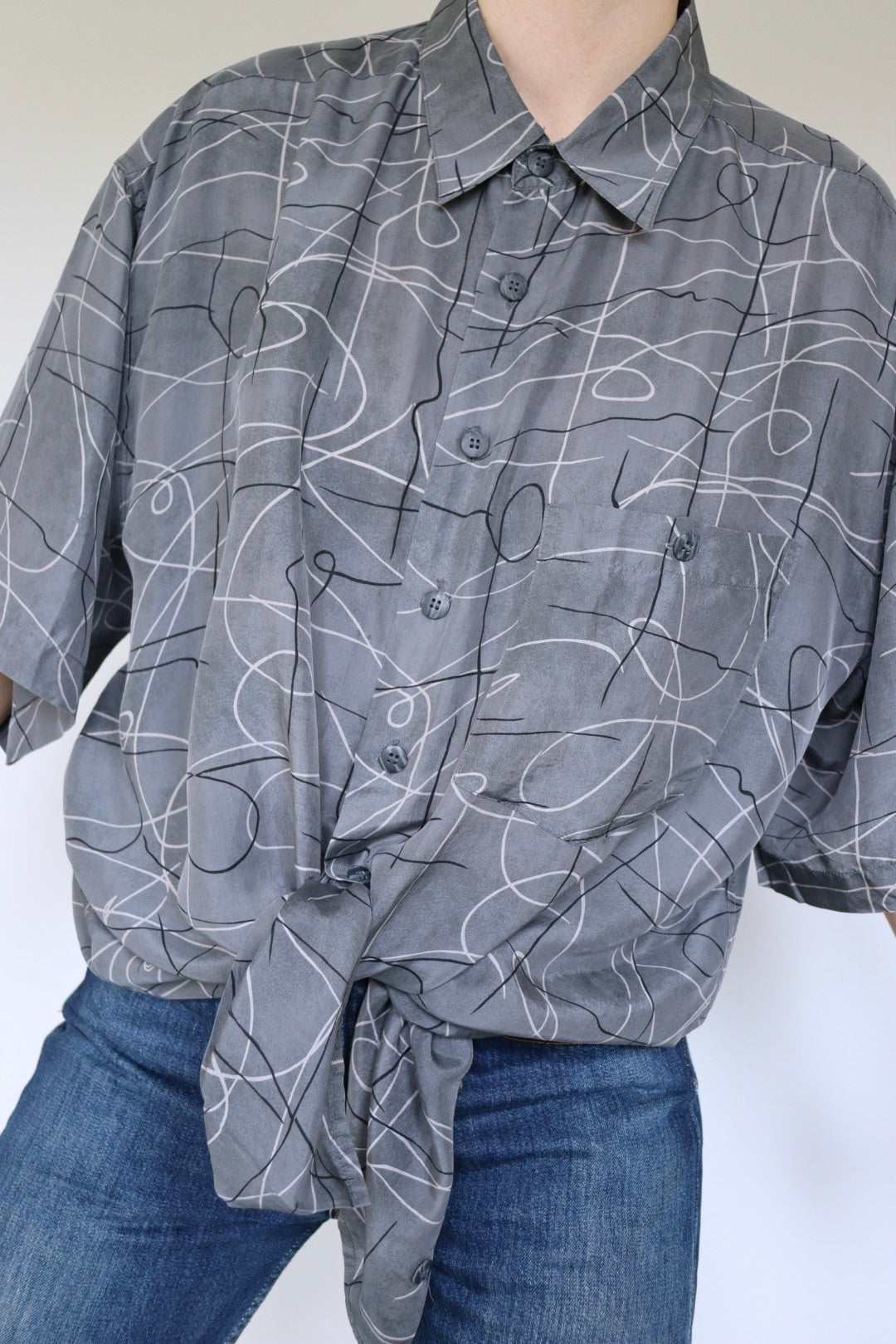 The Grey Silk - vintage silk short sleeve blouse - S up to XL