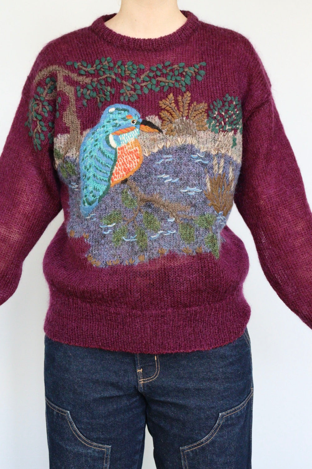 The Embroidered Kingfisher - vintage sweater - S up to M